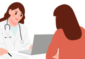 Illustration: Ärztin am Laptop. Ihr gegenüber eine Patientin